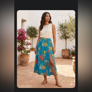 Patrons of Peace Tropical Floral Slit Maxi Skirt Teal Blue Small